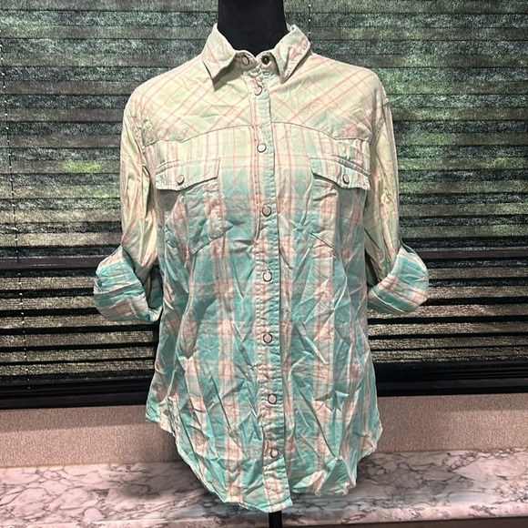 Jachs Girlfriend Women’s Ombré Green Plaid LS Snap Front Cotton‎ Shirt Large - Picture 2 of 9